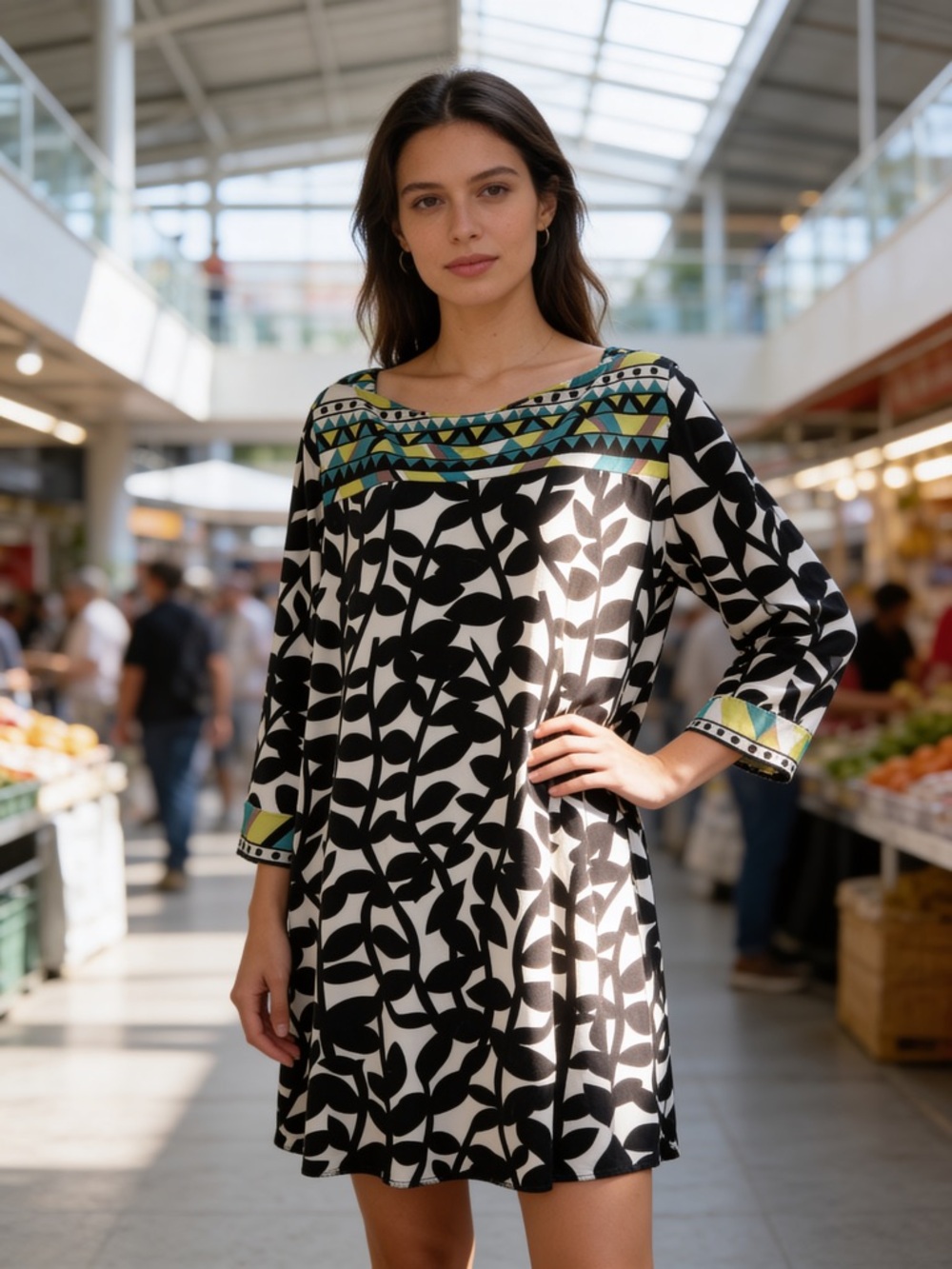 Alfani 3X Abstract Print Tunic Dress Black White 3/4 Sleeve Plus Size